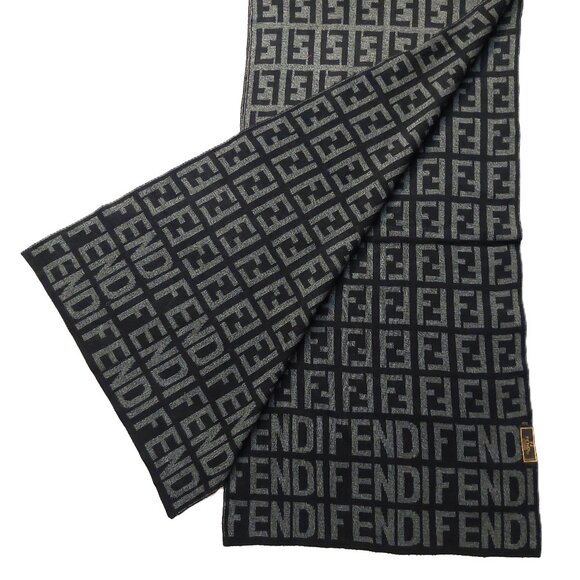 Vintage FENDI Dual Monogram Inverted Logo Black & Gray Reversible Scarf - Picture 2 of 9